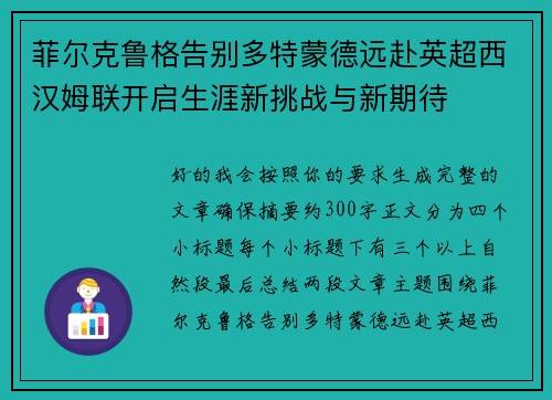 菲尔克鲁格告别多特蒙德远赴英超西汉姆联开启生涯新挑战与新期待