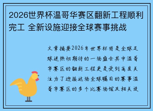 2026世界杯温哥华赛区翻新工程顺利完工 全新设施迎接全球赛事挑战
